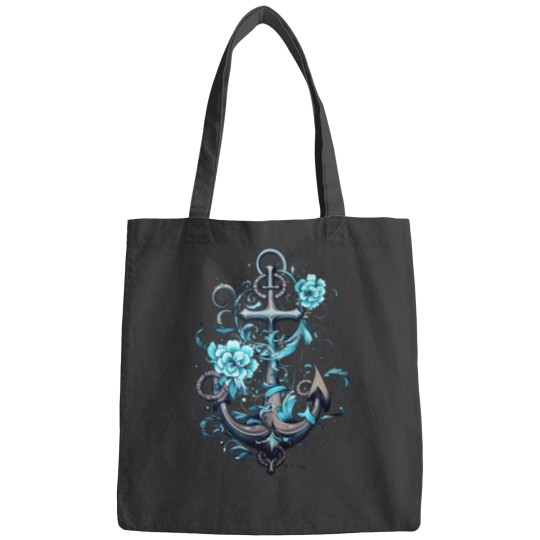 Nuatical Theme, Anchor with Flowers, Beach Vacation Bags