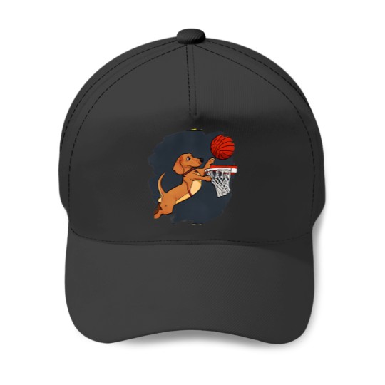 Basketball Gift Dachshund Chiweenie Wiener Dog Playing Basketball Funny Dog 3 Baseball Caps