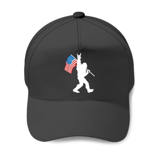 Bigfoot Rock and Roll USA Flag for Sasquatch Believers Baseball Caps