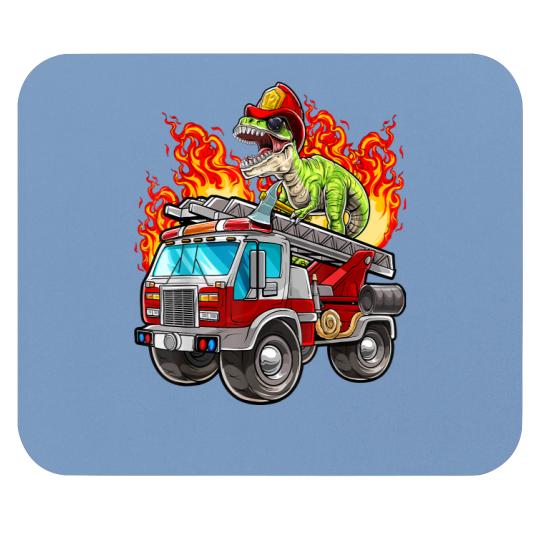 Fireman T Rex Dinosaur Firefighter Hat and Firetruck Boys Mouse Pads Mouse Pads