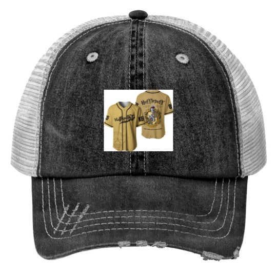 Custom Hufflepuff Baseball Jersey, Wizard House Varsity Collegiate Print Trucker Hats