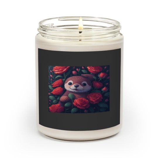 A cute smile baby otter sitting in the rose flowers garden Scented Candles
