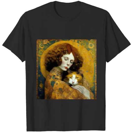 Art Nouveau Painting Woman With Her Cat Inspired By Gustav Klimt T-Shirts