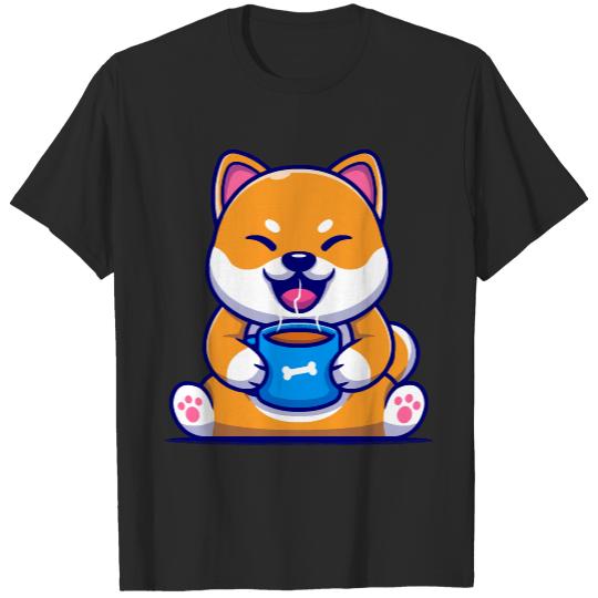 Cute Shiba Inu Dog Holding Hot Coffee T- Shirt Cute Shiba Inu Dog Holding Hot Coffee Cup Cartoon T- Shirt T-Shirts