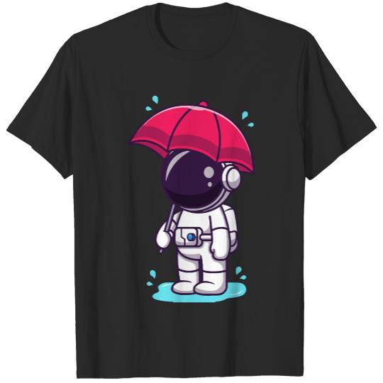 Cute Astronaut Holding Umbrella T- Shirt Cute Astronaut Holding Umbrella In the Rain Cartoon T- Shirt T-Shirts
