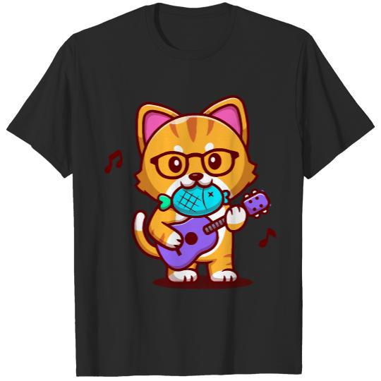 Cute Cat Playing Guitar With Fish T- Shirt Cute Cat Playing Guitar With Fish Cartoon T- Shirt T-Shirts