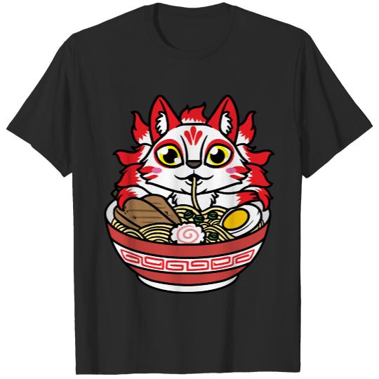Kawaii Kitsune T- Shirt Kitsune Eating Ramen Noodles Anime T- Shirt T-Shirts