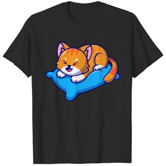 Cute Cat Playing On Pillow Cartoon T- Shirt Cute Cat Playing On Pillow Cartoon T- Shirt T-Shirts