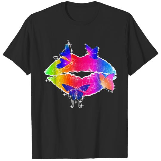 Sexy Lips T- Shirt Colorful Sexy Rainbow Lips Mouth With Butterflies T- Shirt T-Shirts