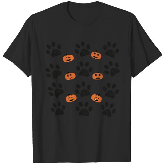 Paw Prints With Funny Pumpkin Doodle black paw prints with funny pumpkins T-Shirts