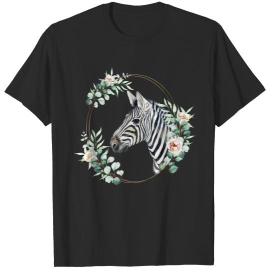 Zebra Portrait T- Shirt Zebra in a Floral Gold Wreath Frame T- Shirt T-Shirts