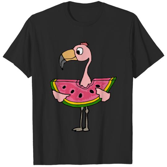 Watermelon T- Shirt Funny Pink Flamingo Bird eating Watermelon T- Shirt T-Shirts