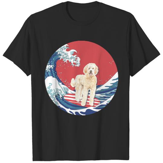 Golden Doodle T- Shirt Golden Doodle Gifts - Ocean Waves Surfing Golden Doodle.  Gifts For Golden Doodle Moms, Dads & Owners T- Shirt T-Shirts