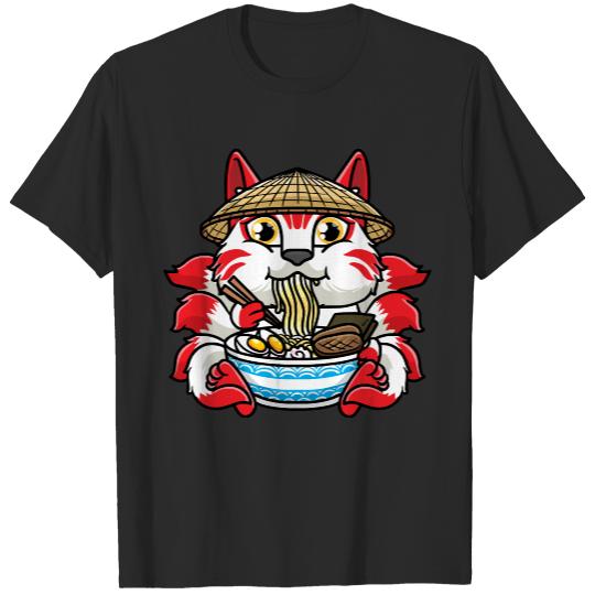 Nine Tailed Fox Gift T- Shirt Kitsune Eating Ramen Noodles Anime T- Shirt T-Shirts