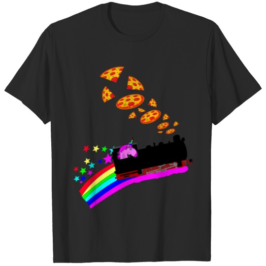 funny unicorn steam locomotive pizza rainbow horse T-shirt