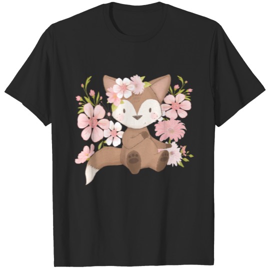 Children Fox Kids Flower Pattern Motif T-shirt