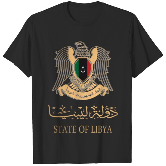 LIBYA FLAG ON LIBYAN EMBLEM IN GOLD شعار ليبيا T-shirt
