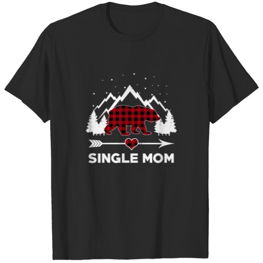 Single Mom Bear Buffalo Plaid Christmas Family T-shirt