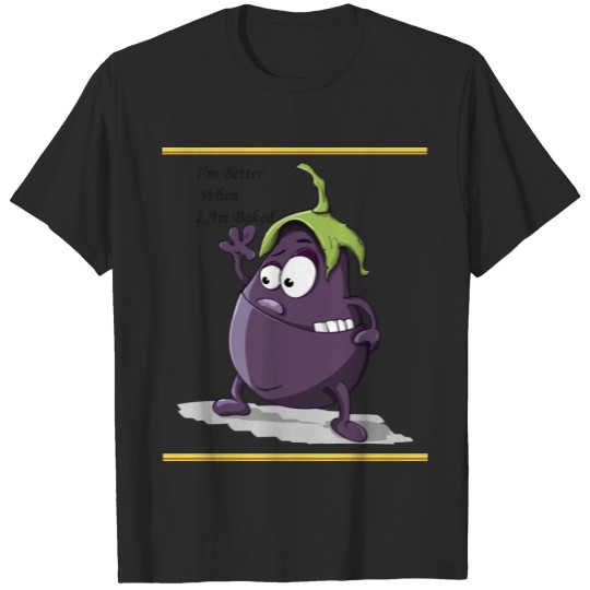 Cartoon eggplant with big eyes green hair T-shirt