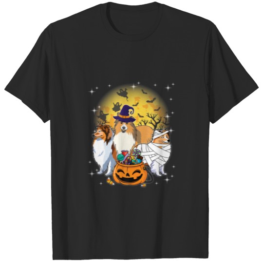 Funny Halloween Sheltie Witch Pumpkin Mummy Dog Lo T-shirt