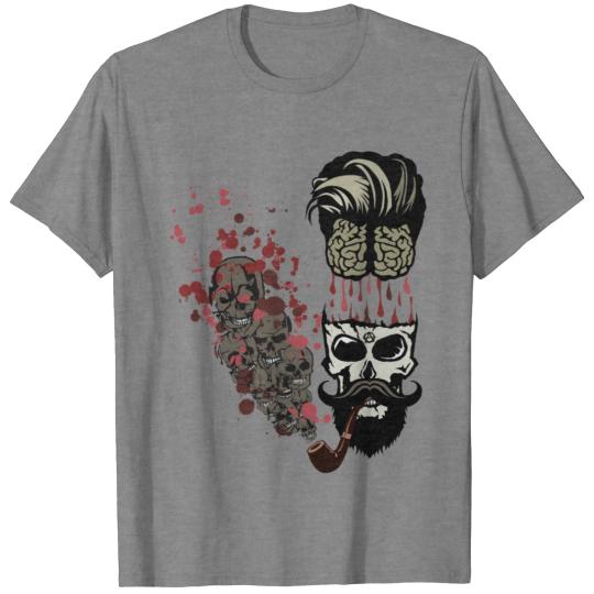 skull smoking pipe brain blood drop brain mustache T-shirt