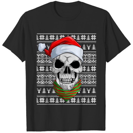 Ugly Sweater Skull Face With Santa Hat Christmas Pajama Xmas T-Shirt