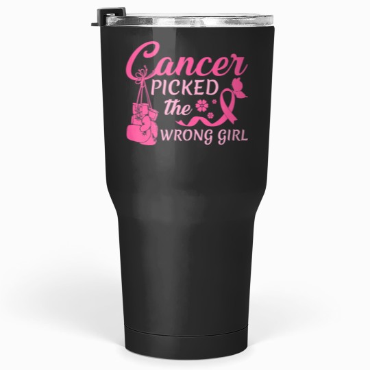 Womens Cancer Picked The Wrong Girl Ribbon Breast Cancer Awareness Tumblers 30 oz