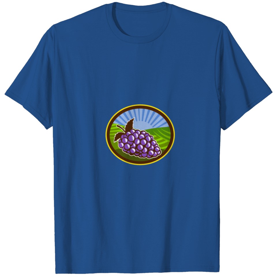 Grapes Vineyard Farm Oval Woodcut T-shirt