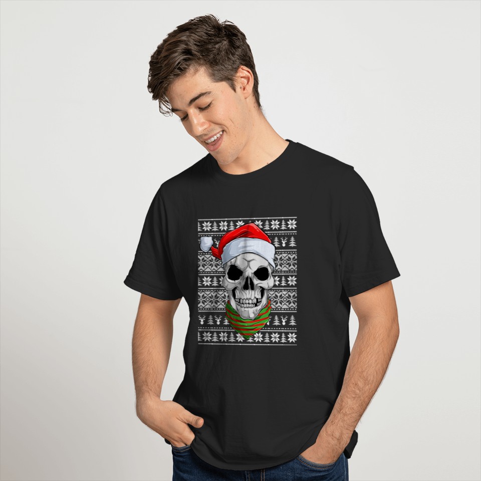 Ugly Sweater Skull Face With Santa Hat Christmas Pajama Xmas T-Shirt