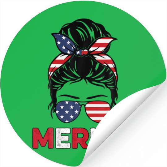 Merica Mom Girl American Flag Messy Bun Hair 4Th O Stickers