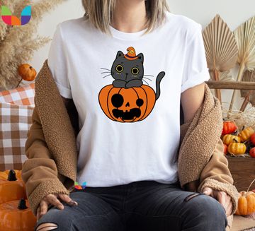 Black Cat Pumpkin Shirt, Vintage Halloween Black Cat T-Shirt, TShirt