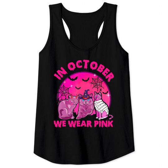 In October We Wear Pink Cat Pumpkin Breast Cancer Halloween Tank Top