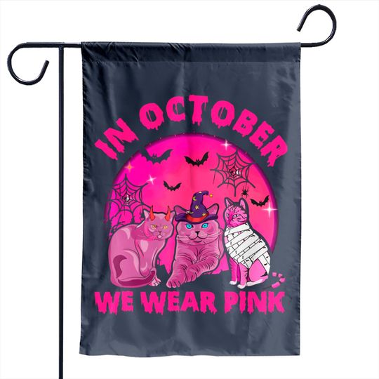 In October We Wear Pink Cat Pumpkin Breast Cancer Halloween Garden Flag