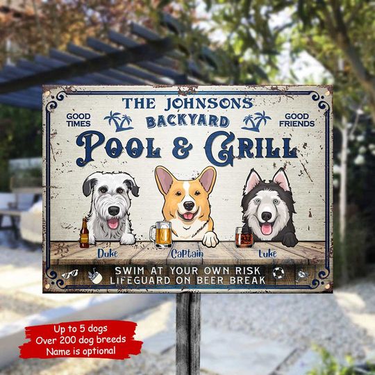 Backyard Pool & Grill - Funny Personalized Dog Metal Sign
