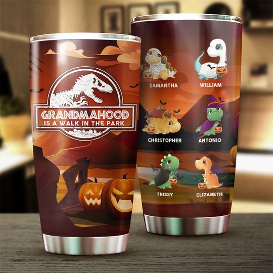 Grandmahood Is A Walk In The Park - Halloween Dinos - Personalized Tumbler