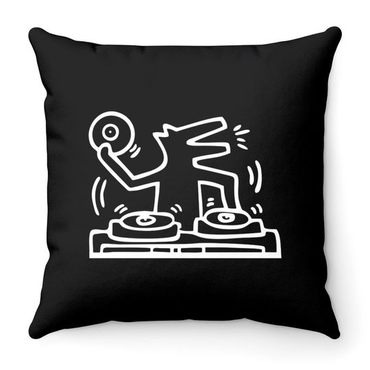Keith lovers haring - outline dj dog white - Keith Lovers Haring Outline Dj Dog Whit - Throw Pillows