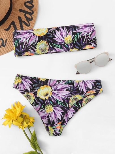 Flowers print Women's Strapless Bikini Swimsuit