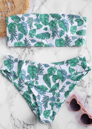 Tropical leaf print Women's Strapless Bikini Swimsuit