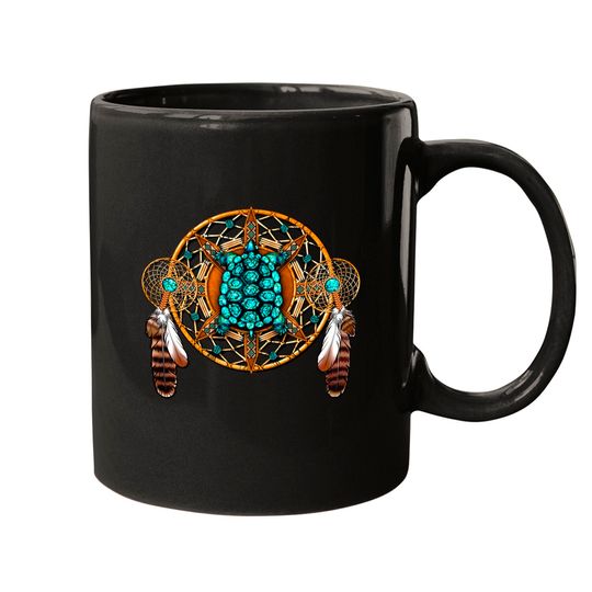 Native American Turquoise Tortoise Mandala - Native American - Mugs