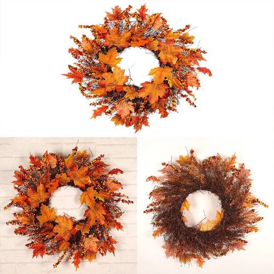 Vintage Autumn wreath orange  maple leaf - Halloween seasonal hanger