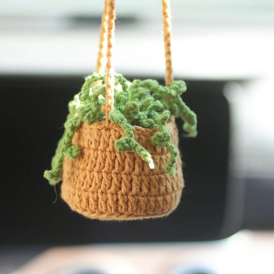 Boho Car Plant Crochet Hanging Basket, Hanging Plant for Car Decor, Car Accessories