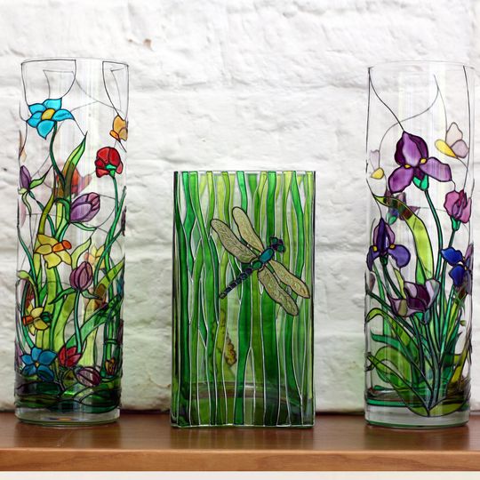 Handpainted Tiffany Style Flowers Vase , wedding gift