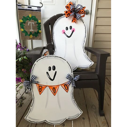Set of 2 Halloween ghost door hangers, boy and girl ghost door hangers, double door hangers