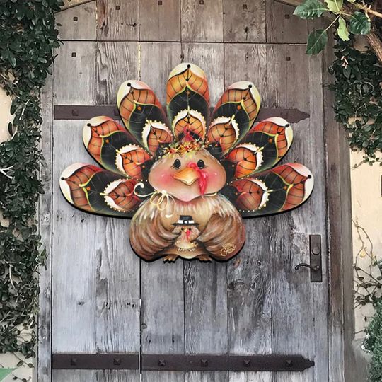 Thanksgiving Decor, Fall Thanksgiving Decoration, Turkey Wreath Wooden Door Hanger