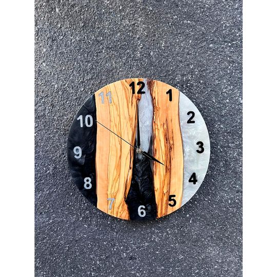 Handmade Wall Clock. Handmade Gift, Made from Resin & Olive Wood