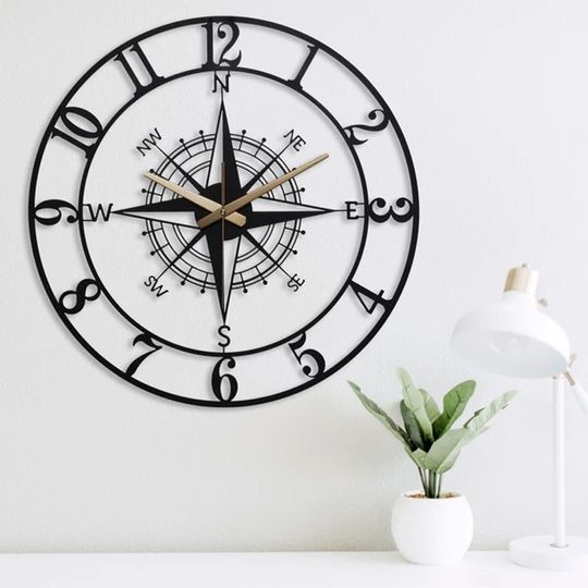 Compass Large Wall Clock, Farmhouse Wall Clock, Modern Wall Clock, Design Wall Clock, Nautical Wall Clock