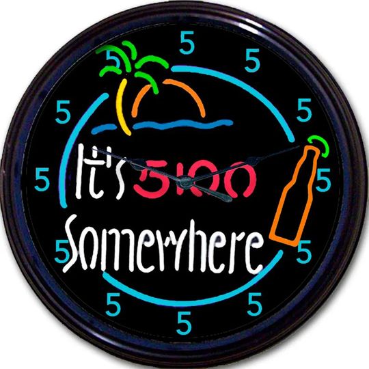 Tropical Clock - 5 O’clock Somewhere, Tiki Bar Clock, Happy Hour Sign, Retirement Gift