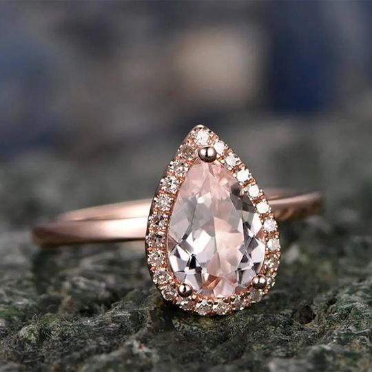 14k Rose Gold Ring Stacking 5x7mm Tear Drop Real Diamond Halo Ring Wedding