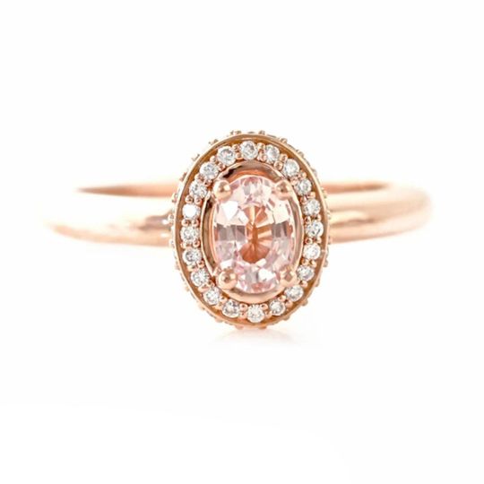 14K Peach Sapphire Engagement Ring Pink Sapphire Ring Diamond Halo Champagne for Bridal Jewelry