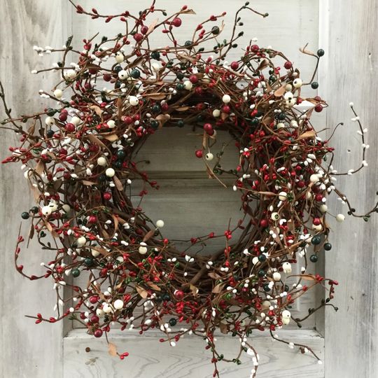 Pip Berry Wreath with Red, Green and White Berries, Handmade Wreath